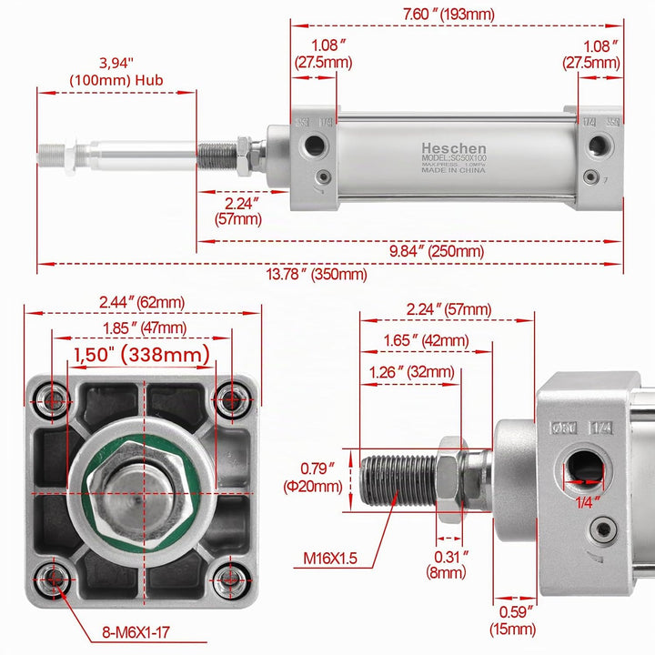 Heschen Pneumatischer Standard-Luftdruckzylinder, SC 50-100, PT1/4" Anschluss, 50mm Bohrung, 100mm H