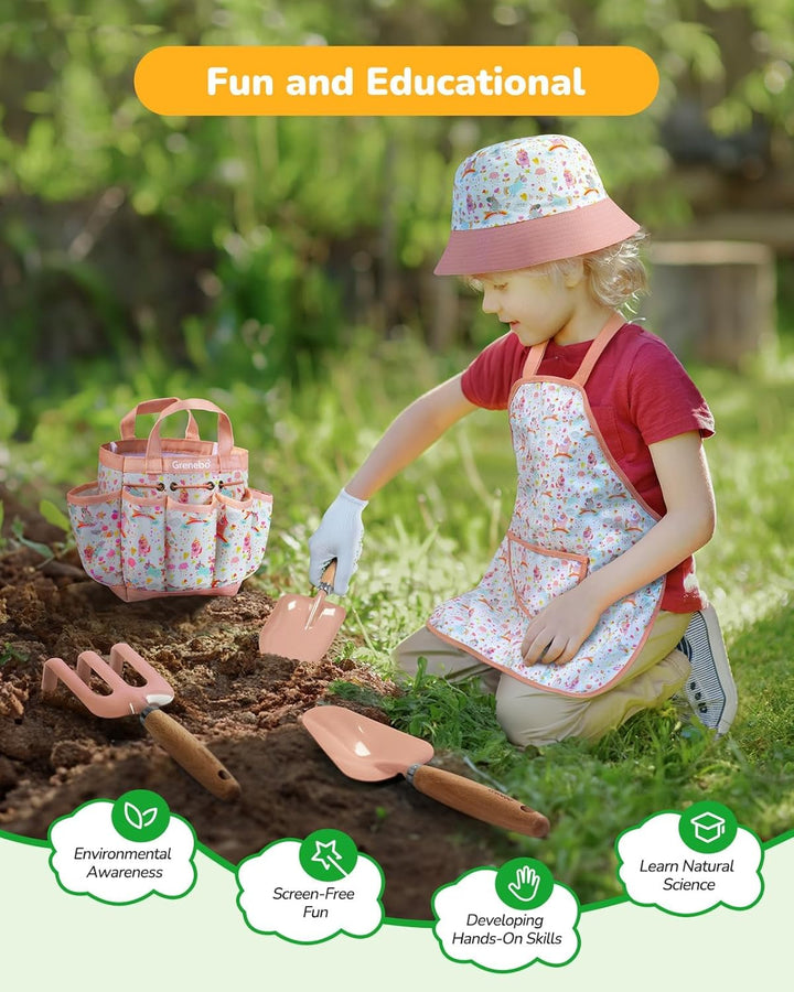 Grenebo-Gartenspielzeug für Kinder, inklusive Metallkelle, Pflanzschaufel, Gartenhut, Rechen, Schürz