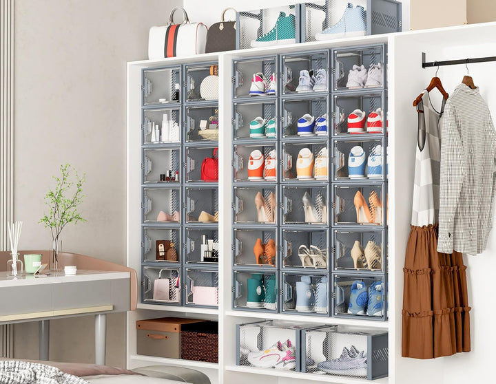 Schuhboxen Stapelbar Transparent, 12er Pack Schuhkarton mit Deckel, Schuhaufbewahrung für Stöckelsch