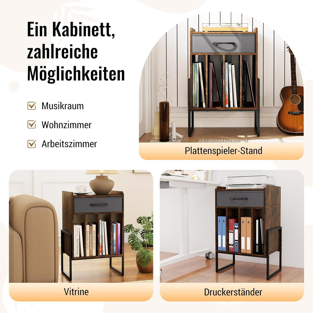COSTWAY Plattenspieler Ständer, Schallplatten Regal mit Faltbarer Stoffschublade &amp; 4 Fächern bis zu