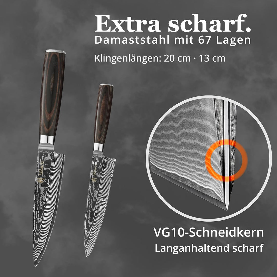 Wakoli EDIB Essentials Santoku Messer Küchenmesser Set (2-teilig) 30 & 24 cm Damastmesser aus 67 Lag