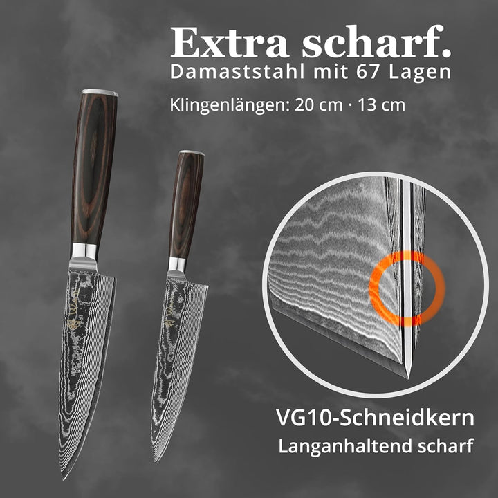 Wakoli EDIB Essentials Santoku Messer Küchenmesser Set (2-teilig) 30 & 24 cm Damastmesser aus 67 Lag