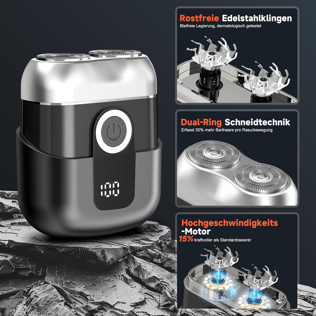Mini Rasierer Herren Elektrisch mit LED-Anzeige, IPX6 Wasserdichter Elektrorasierer Herren, Tragbare