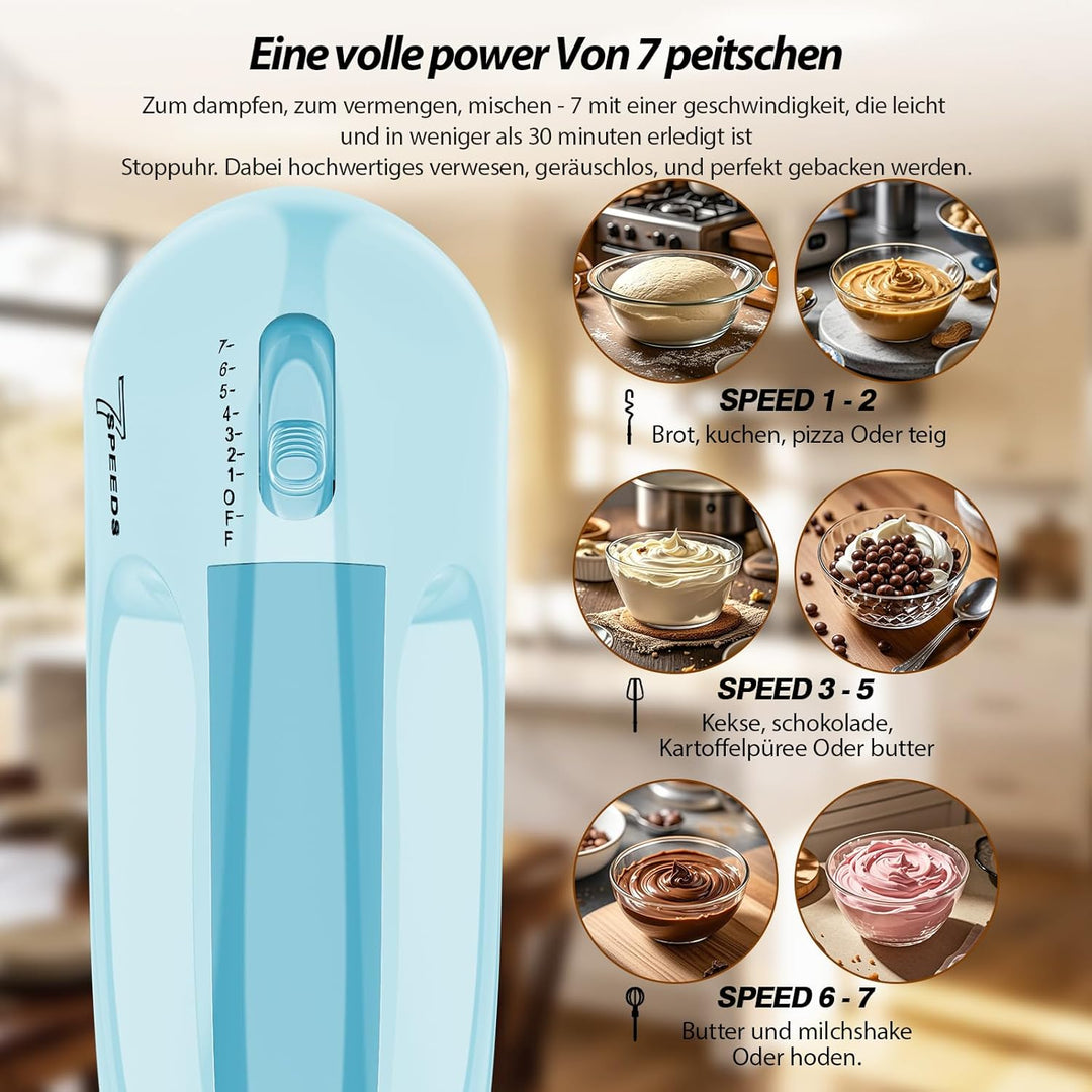 Handmixer, 7-stufig einstellbarer Küchenmixer, 304 Edelstahl-Zubehörteile (2X Knethaken, 2X Rührstäb