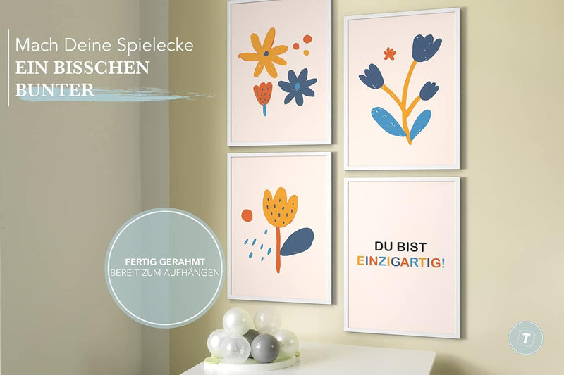 Papierschmiede® Kinderbilder 4er Set, A4 gerahmt in Holzrahmen (weiss), Geschenk für Mädchen & Junge