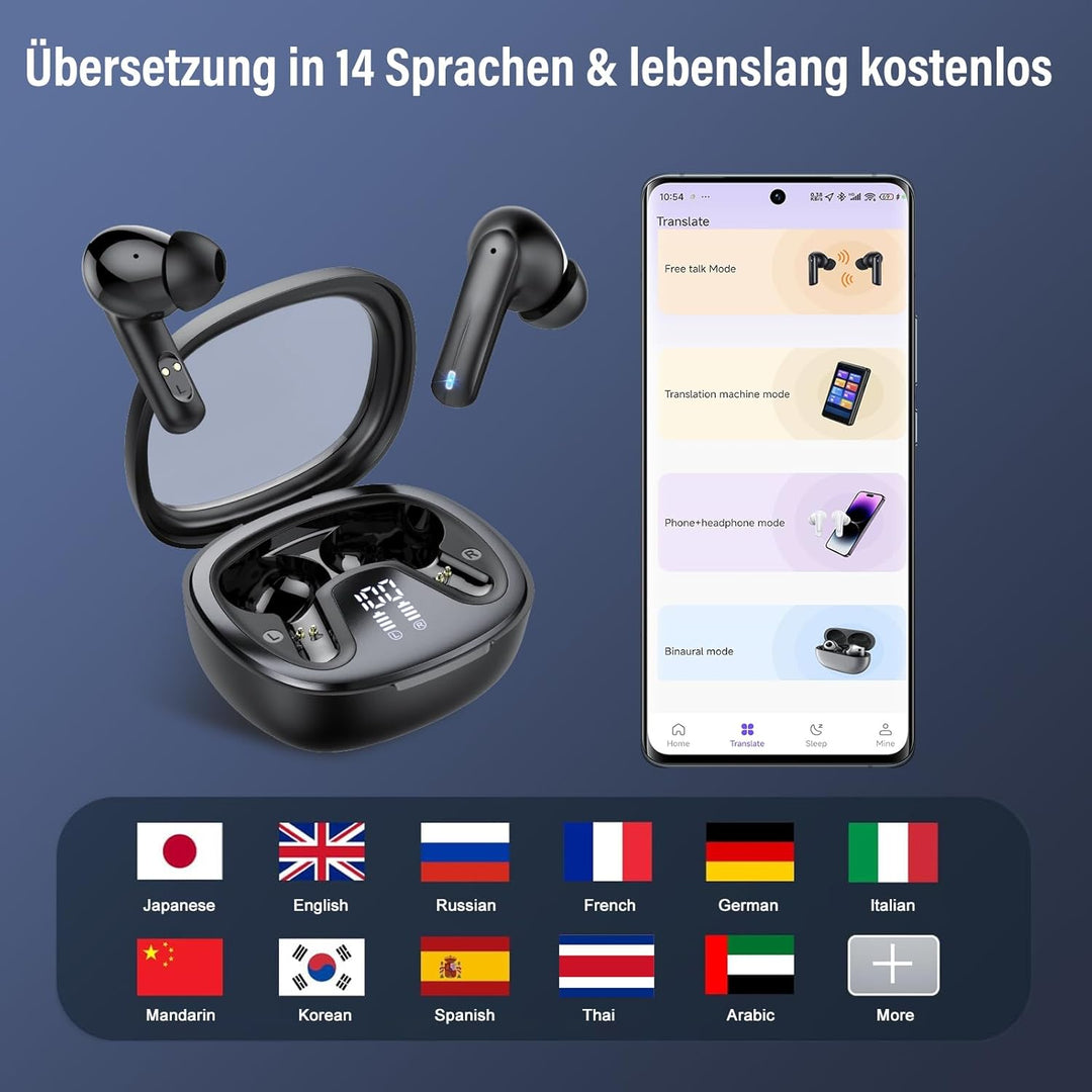 AI Kopfhörer Übersetzer, 3-in-1 Translator Earbuds, Bluetooth 5.4 Sprachübersetzer 135 Sprachen mit