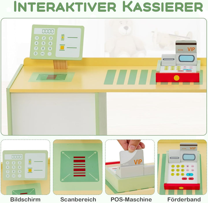 COSTWAY Kinder Kaufladen, Kaufmannsladen aus Holz mit Seitentheke, Supermarkt-Set mit Kasse, POS-Mas