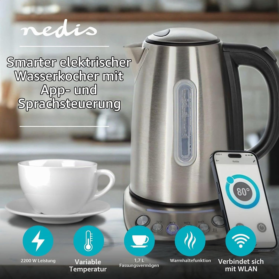 Nedis KAWK8000WIFI SmartLife Wasserkocher - Wi-Fi Steuerung - 1,7 l Edelstahl - 2200 W - Temperatura