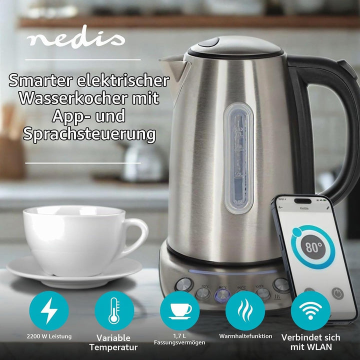 Nedis KAWK8000WIFI SmartLife Wasserkocher - Wi-Fi Steuerung - 1,7 l Edelstahl - 2200 W - Temperatura