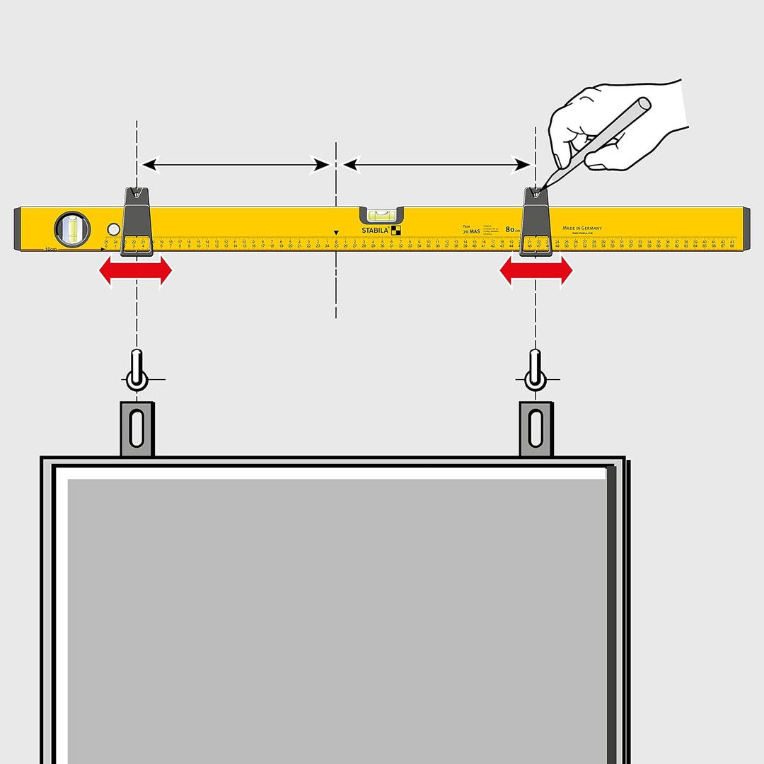 STABILA Wasserwaage Type 70 MAS, 80 cm, leichtes Alu-Profil, 2 Markierschieber, 2 metrische Skalen,