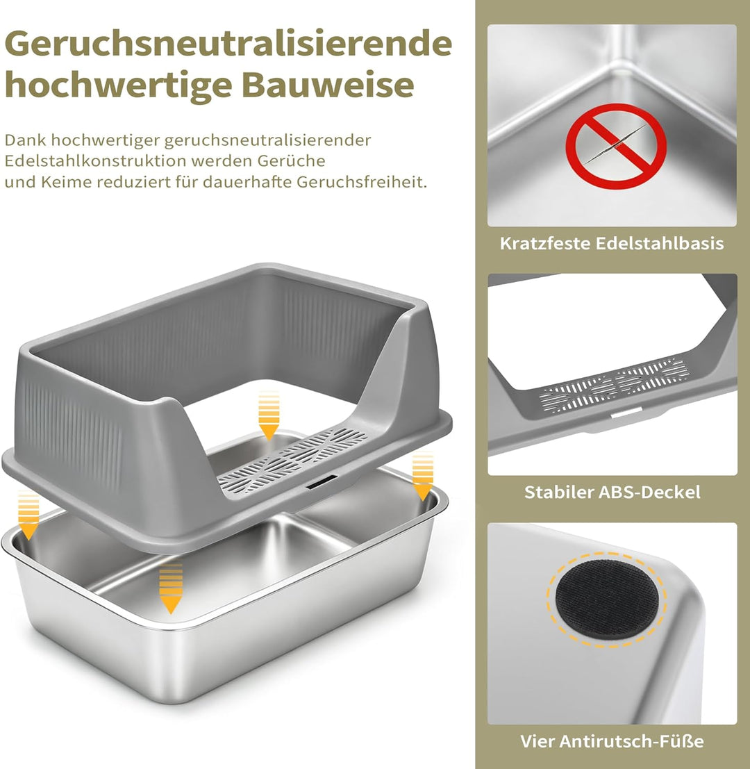 Katzenklo Edelstahl XXXL mit DIY-Aufkleber, 20L Katzentoilette Edelstahl mit Deckel, Grosse Kapazitä