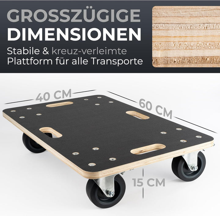 Rollbrett Schwerlast | Extra leise Rollen | 400kg Belastung | mit 2 Festell-Bremsen und Tragegriffen