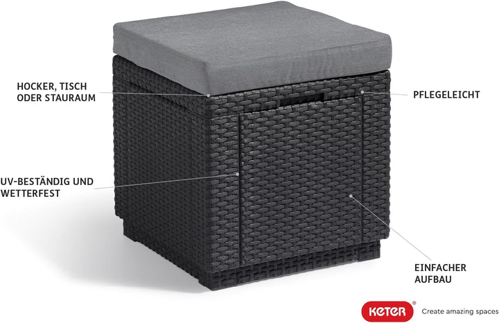 Allibert by Keter Cube Hocker mit Stauraum, grau, inkl. Kissen, Deckel abnehmbar, flache Rattanoptik