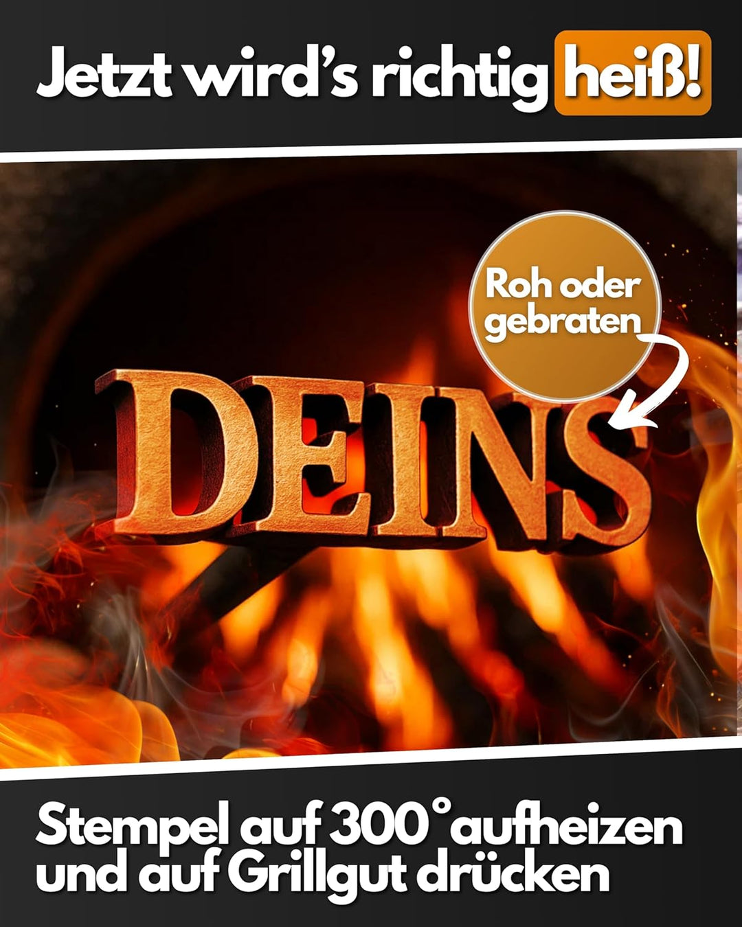 Feuerfest 123 Brennstempel mit Deins-Motiv I 8,2 x 1,8 x 35 cm I Hochwertiger Grill-Stempel aus robu