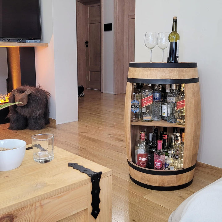 weeco Fassbar mit Weinhalter und LED Beleuchtung - Holzfass Hausbar 80cm. Rustikaler deko Barschrank
