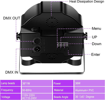 4er Schwarzlicht UV Par Strahler 36 LED DMX512 mit Fernbedienung schwarzlichtlampe mit Farbsprung üb