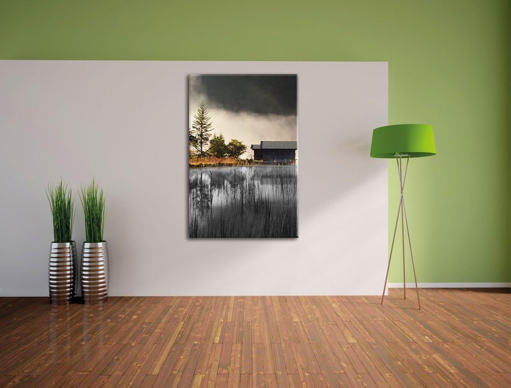 Pixxprint Häuschen am See mit Nebel / 100x70cm Leinwandbild bespannt auf Holzrahmen/Wandbild Kunstdr