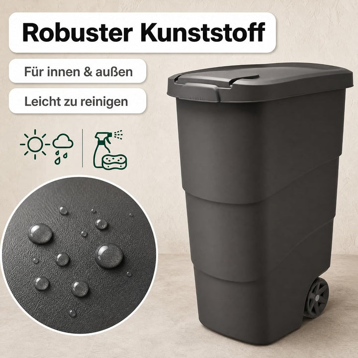 Mülltonne 90 L mit Deckel &amp; Rädern, Abfallbehälter Schwarz
