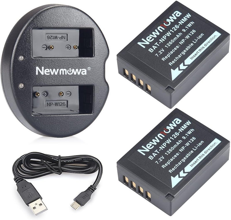 Newmowa Ersatz Akku NP-W126 (2er Pack) und tragbar Micro USB Ladegerät Kit für Fujifilm NP-W126 NP-W