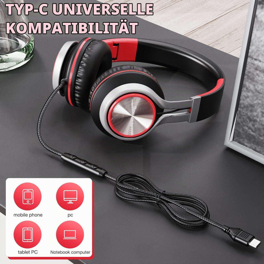 USB-C Kopfhörer mit Mikrofon und Lautstärkeregler, Over Ear Stereo Headsets für iPhone 15, 16 Pro, k