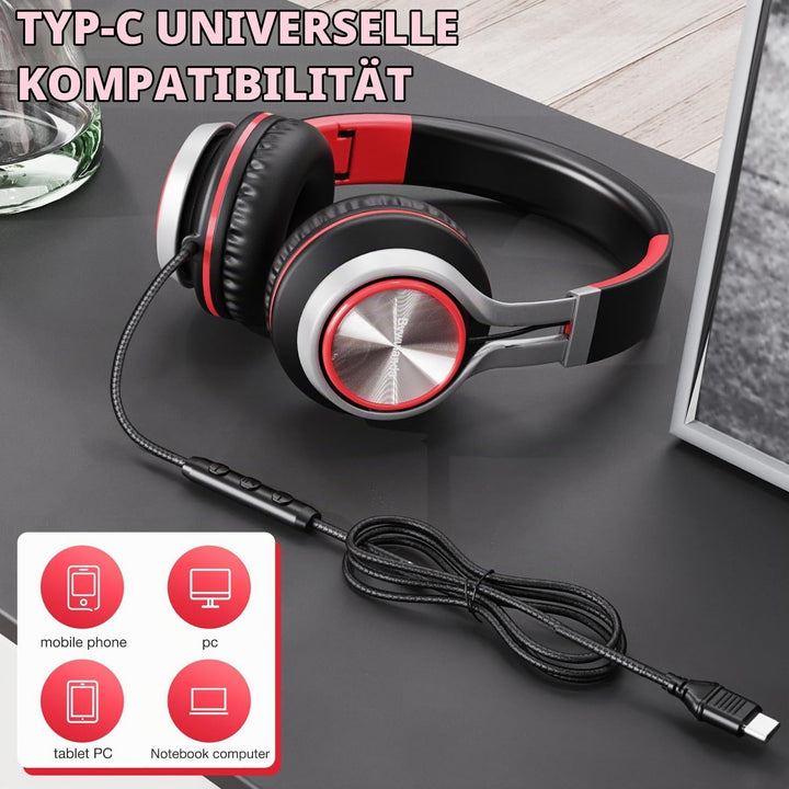USB-C Kopfhörer mit Mikrofon und Lautstärkeregler, Over Ear Stereo Headsets für iPhone 15, 16 Pro, k