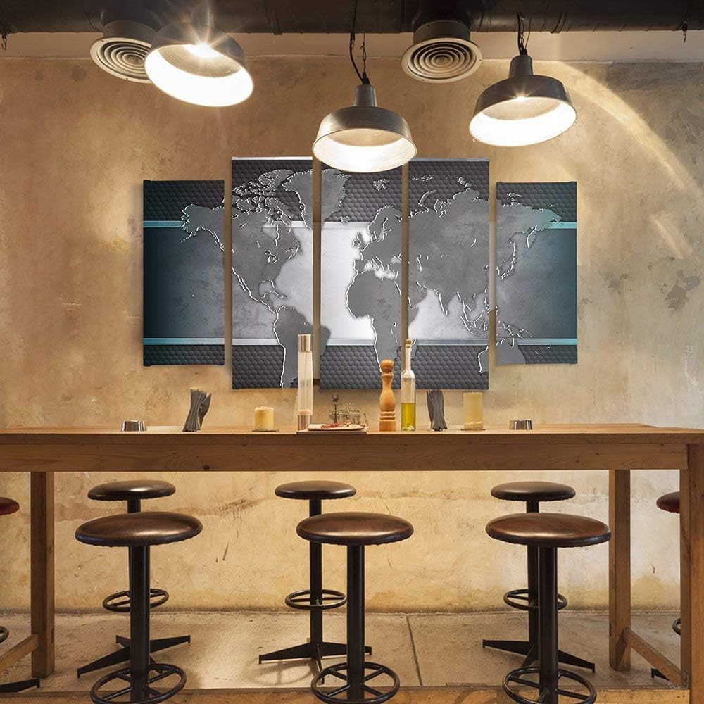 Feeby Frames, Leinwandbild Bilder Wand Bild - 5 Teile - Wandbilder Kunstdruck (WELTKARTE, GRAU) 150x