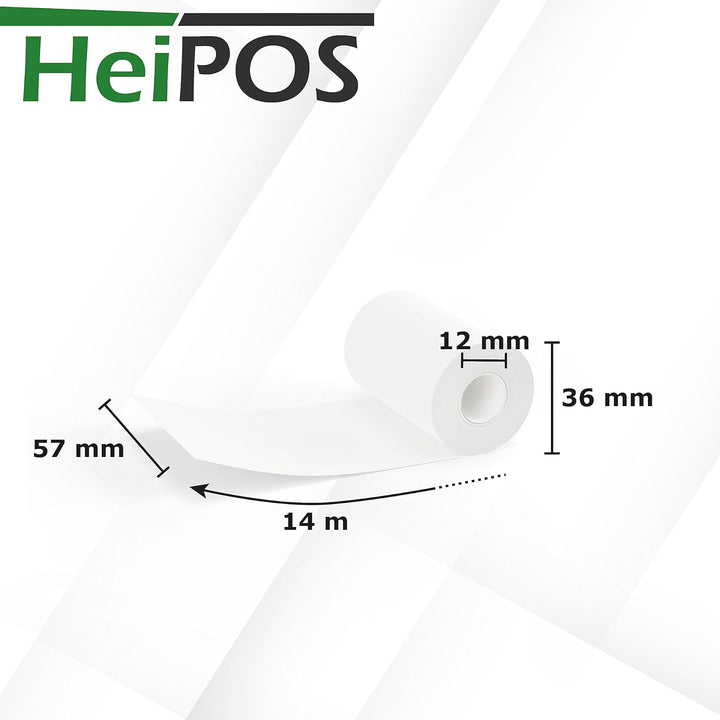 HeiGroup - HeiPOS 50x Thermorollen ohne Plastikkern - 57mm x 14m, Rollen Ø 36mm, Kern Ø 12mm, Fläche
