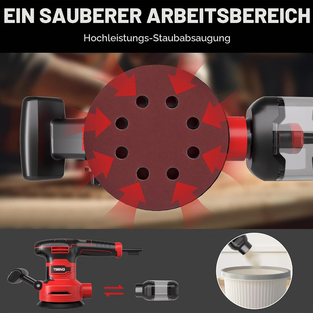 TEENO 450W Exzenterschleifer mit 6 Geschwindigkeiten, 13.000 U/min,Ø125/150mm Teller, 20 Schleifsche