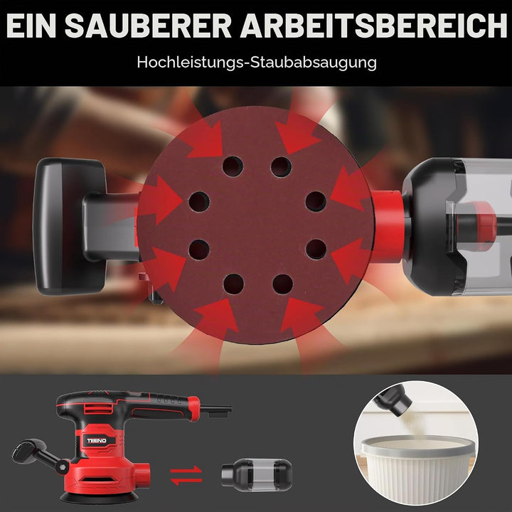 TEENO 450W Exzenterschleifer mit 6 Geschwindigkeiten, 13.000 U/min,Ø125/150mm Teller, 20 Schleifsche