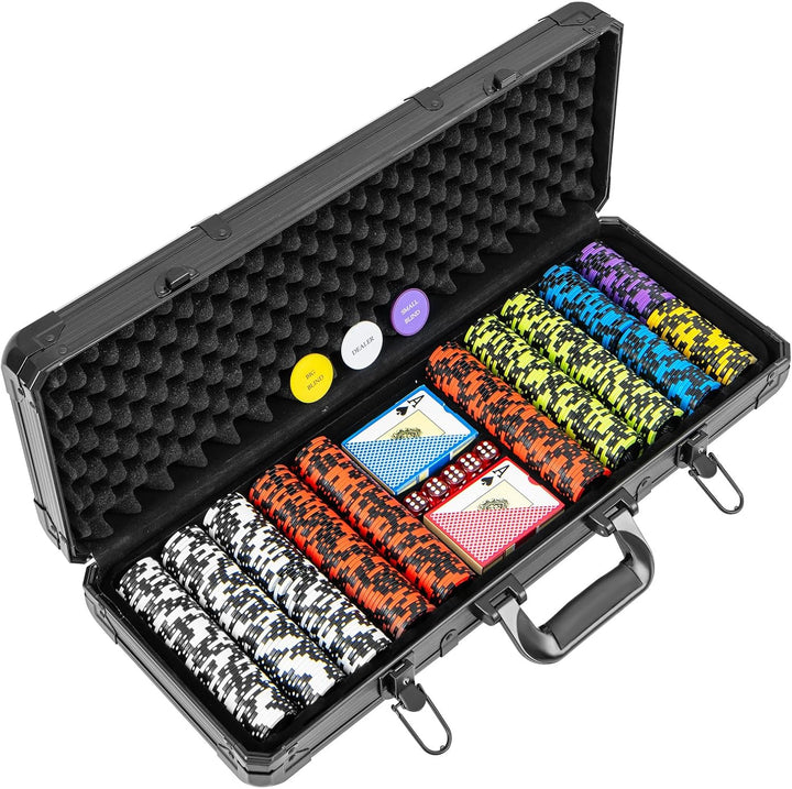 DREAMADE Aluminium Pokerkoffer mit 500 nummerierten Laser Poker Chips/ 2 Pokerkarten Set/ 5 Würfel/