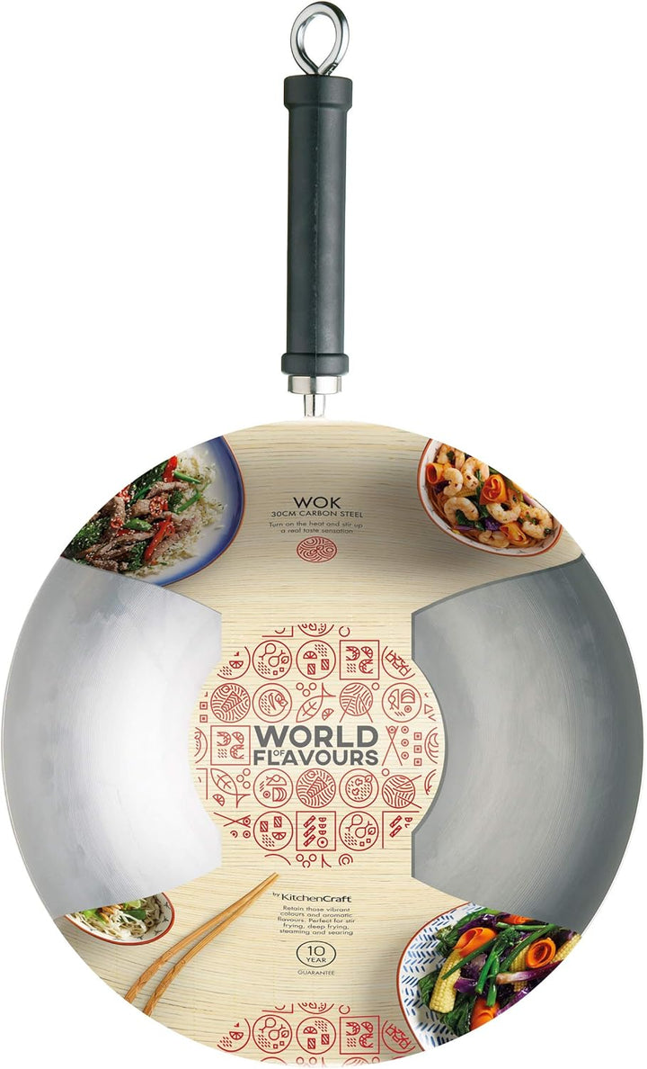 KitchenCraft World of Flavours Unbeschichteter Wok für Induktionsherd, Chinesisches Design, 30 cm, S