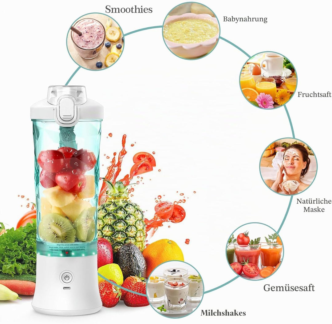 Idota Tragbarer Mixer 600ml Smoothie Maker to Go, Tragbarer Entsafter mit 6 Klinge und USB Wiederauf
