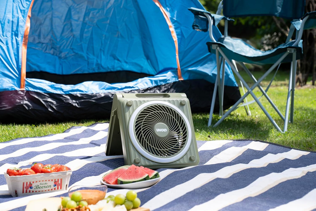 Unold 86516 Standventilator – Solarventilator für Camping | Akku-Solar-Ventilator mit LED-Beleuchtun
