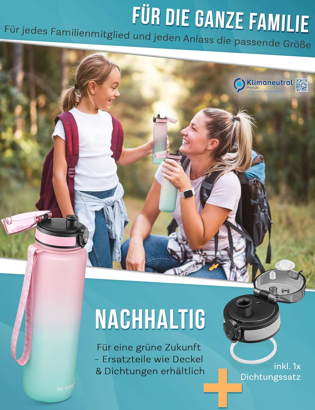 My Vesperbox – Minny - Kinder Trinkflasche auslaufsicher – 500ml – mit Strohhalm oder Sieb - leichte