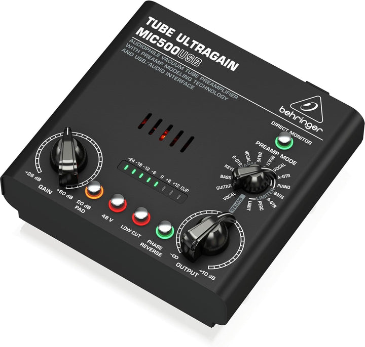 Behringer TUBE ULTRAGAIN MIC500USB Audiophiler Vakuumröhren-Vorverstärker mit Preamp-Modeling-Techno