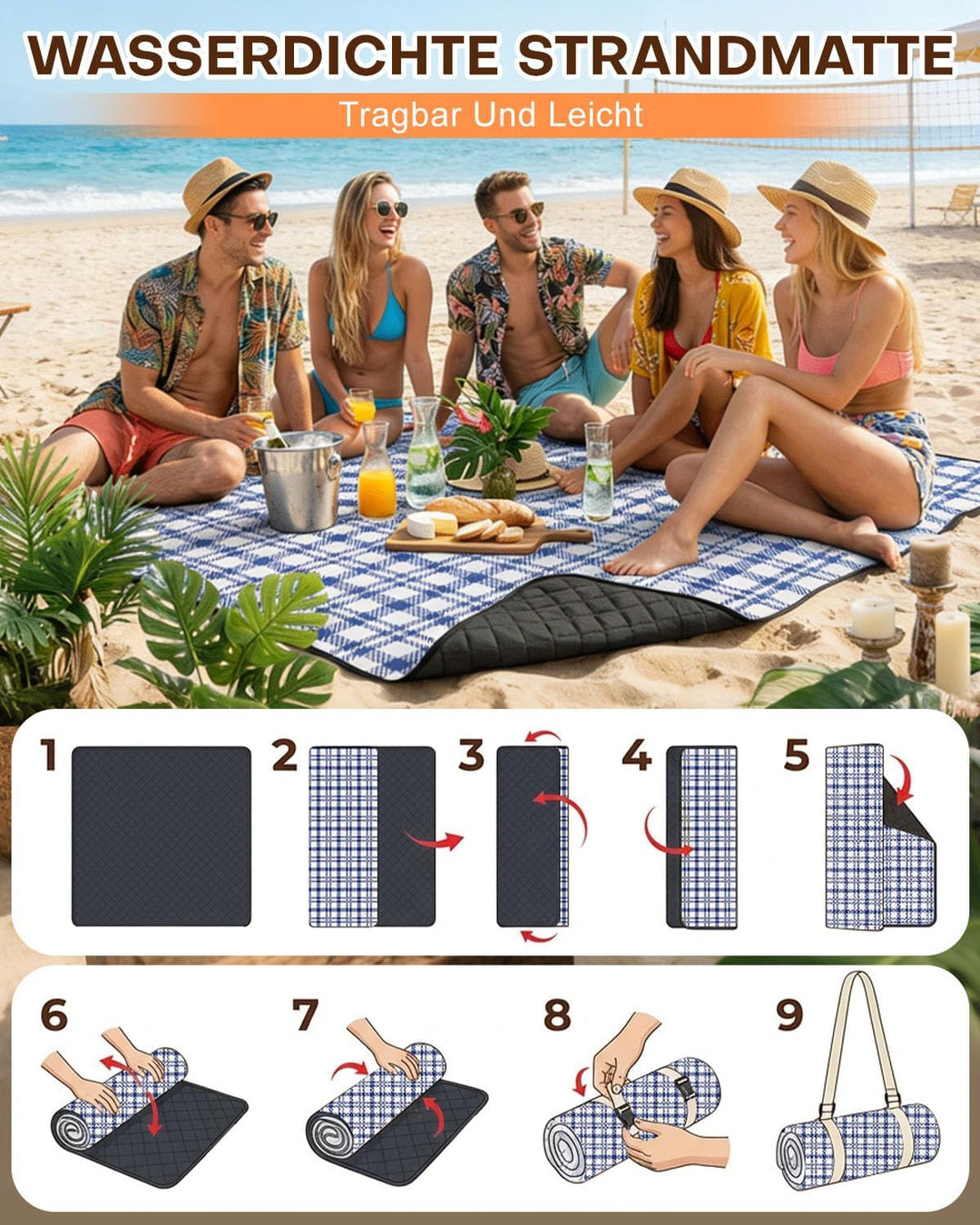 Picknickdecke 200x200 cm, Sandfest Stranddecke Wasserdicht Campingdecke, Waschbar Leichtgewicht mit
