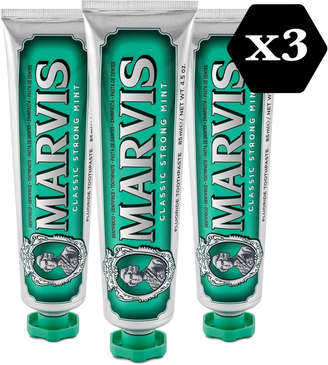 Marvis Classic Strong Mint Zahnpasta, 3 × 85 ml, Zahnpasta mit Geschmacks-Erlebnis-Garantie für bele