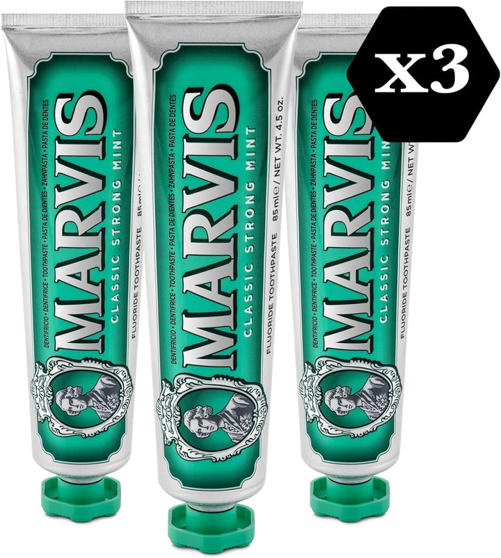 Marvis Classic Strong Mint Zahnpasta, 3 × 85 ml, Zahnpasta mit Geschmacks-Erlebnis-Garantie für bele
