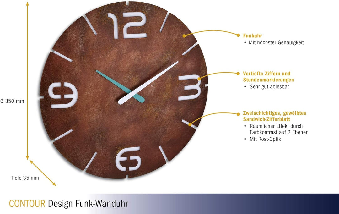 TFA Dostmann Analoge Funk-Wanduhr Contour, Funkuhr, Designuhr, Rost-Optik, Ø 350 x H 35 mm, Rost-opt