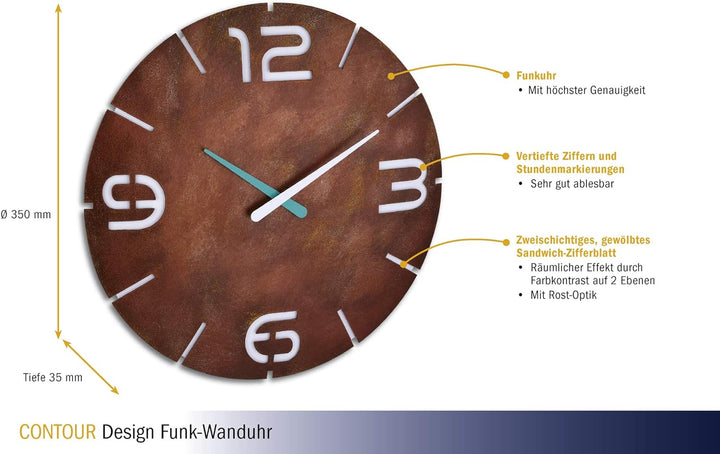 TFA Dostmann Analoge Funk-Wanduhr Contour, Funkuhr, Designuhr, Rost-Optik, Ø 350 x H 35 mm, Rost-opt