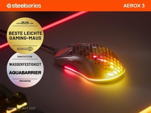 SteelSeries Aerox 3 Holey RGB-Gaming-Maus, ultraleichtes, wasserabweisendes Design, 8.500 DPI TrueMo