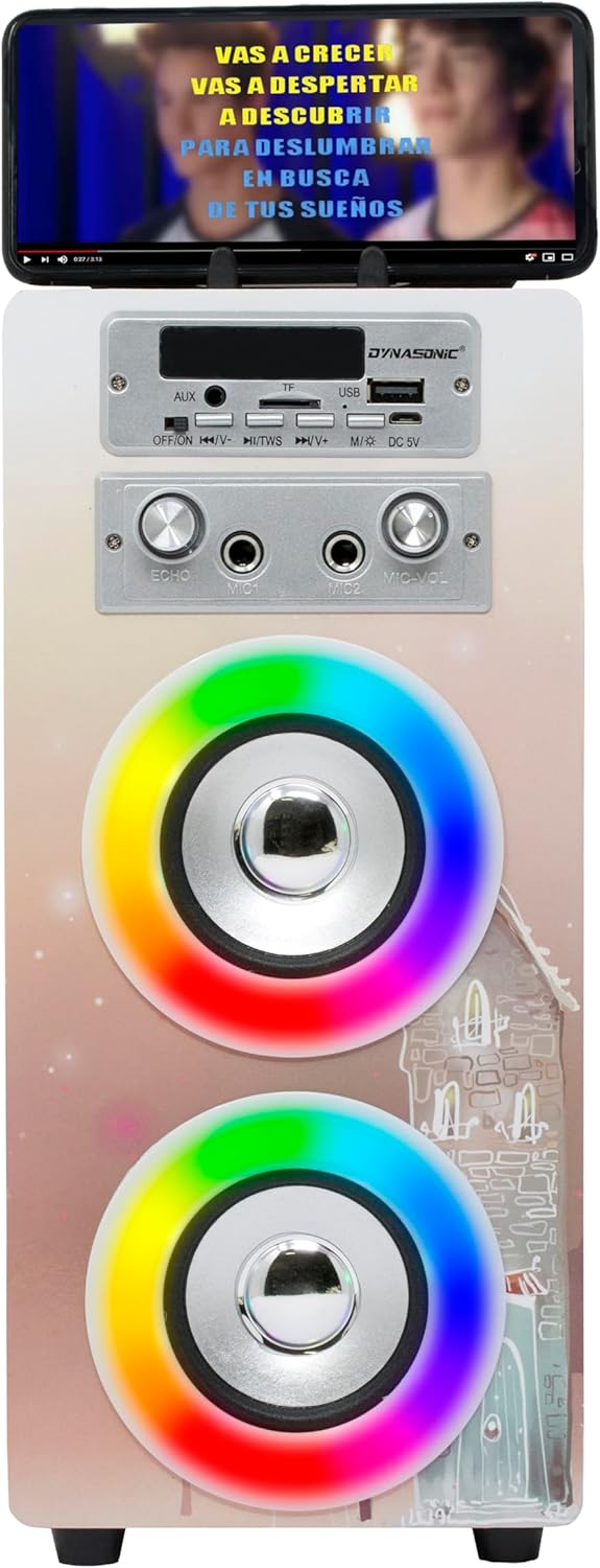 DYNASONIC Karaoke mit 2 Mikrofonen, tragbarer Karaoke-Maschine, Bluetooth-Lautsprecher, USB- und SD-