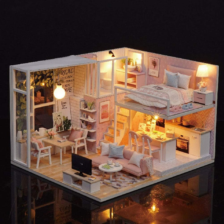 Puppenhaus Miniatur DIY Kit, Holz 1:24 Miniatur Puppenhaus LED Lichtmöbel Puppenhaus Kit DIY Haus Mo