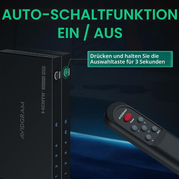 HDMI Switch 4K 60Hz, AVIDGRAM HDMI 2.0 Umschalter 4 in 1 Out, 4 Port HDMI Selector Box with IR Remot