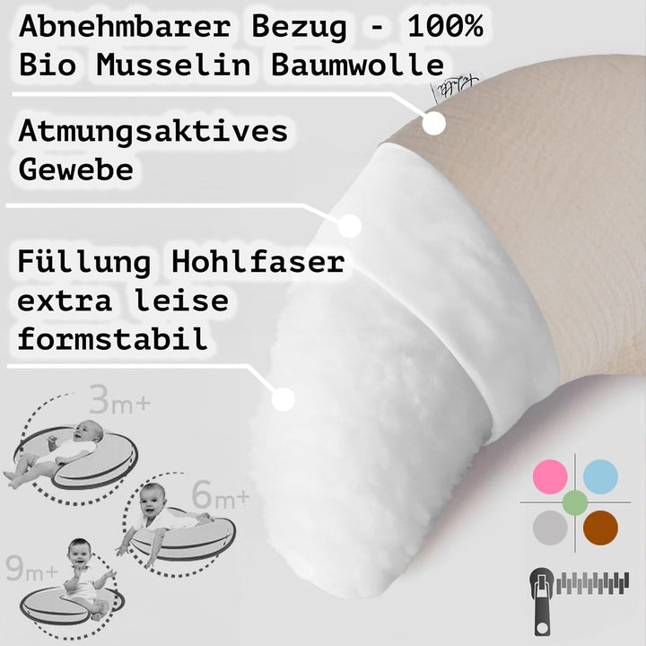 PaLulli® Stillkissen Klein aus 100% Musselin Baumwolle - Mit Abnehmbarem Stillkissenbezug, Atmungsak