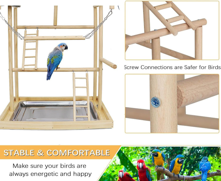 Vogelspielplatz aus Holz,mit Edelstahl-Futterbechern,Bunte Kunststoffkette für Haustiere,für Papagei