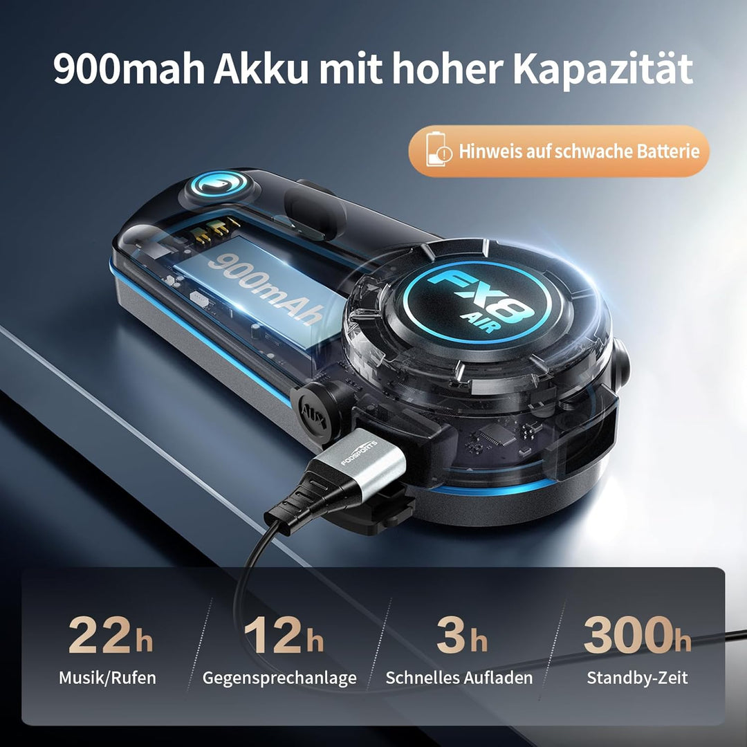 Fodsports FX8 AIR Motorrad Headset, Kommunikationssystem für bis zu 6 Motorräder mit 1500m Reichweit