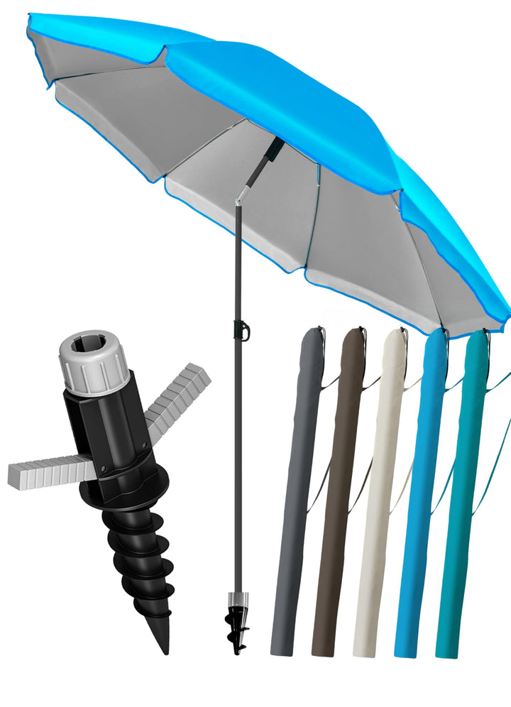 4smile Sonnenschirm Strand Ø 200 cm, 3-in-1 SET mit Bodenhülse, Blau | UPF 50+ Strandschirm + Sonnen