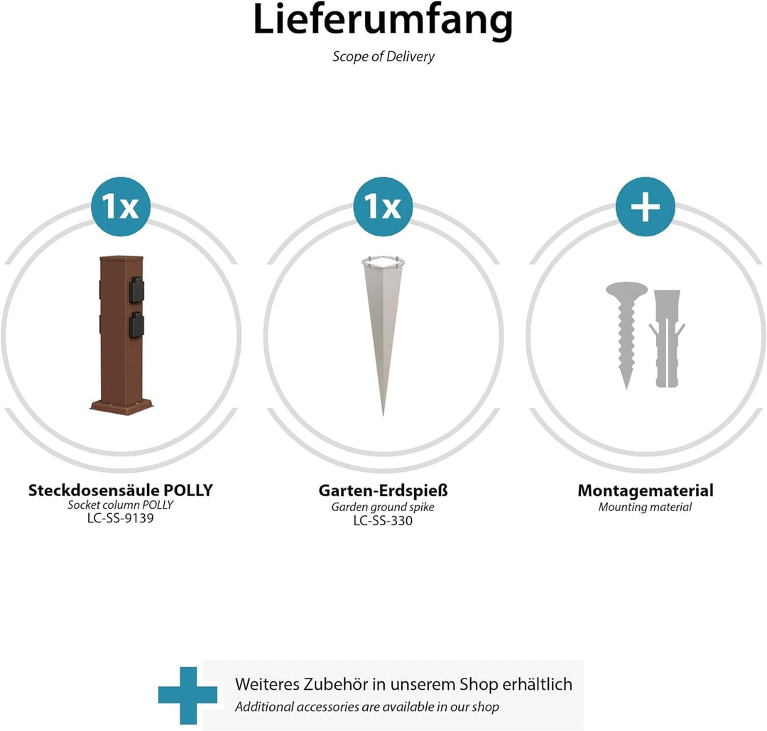 ledscom.de 2X Garten-Steckdosen-Säule Polly mit Erdspiess für aussen, IP44, 4-Fach, braun, eckig, 38