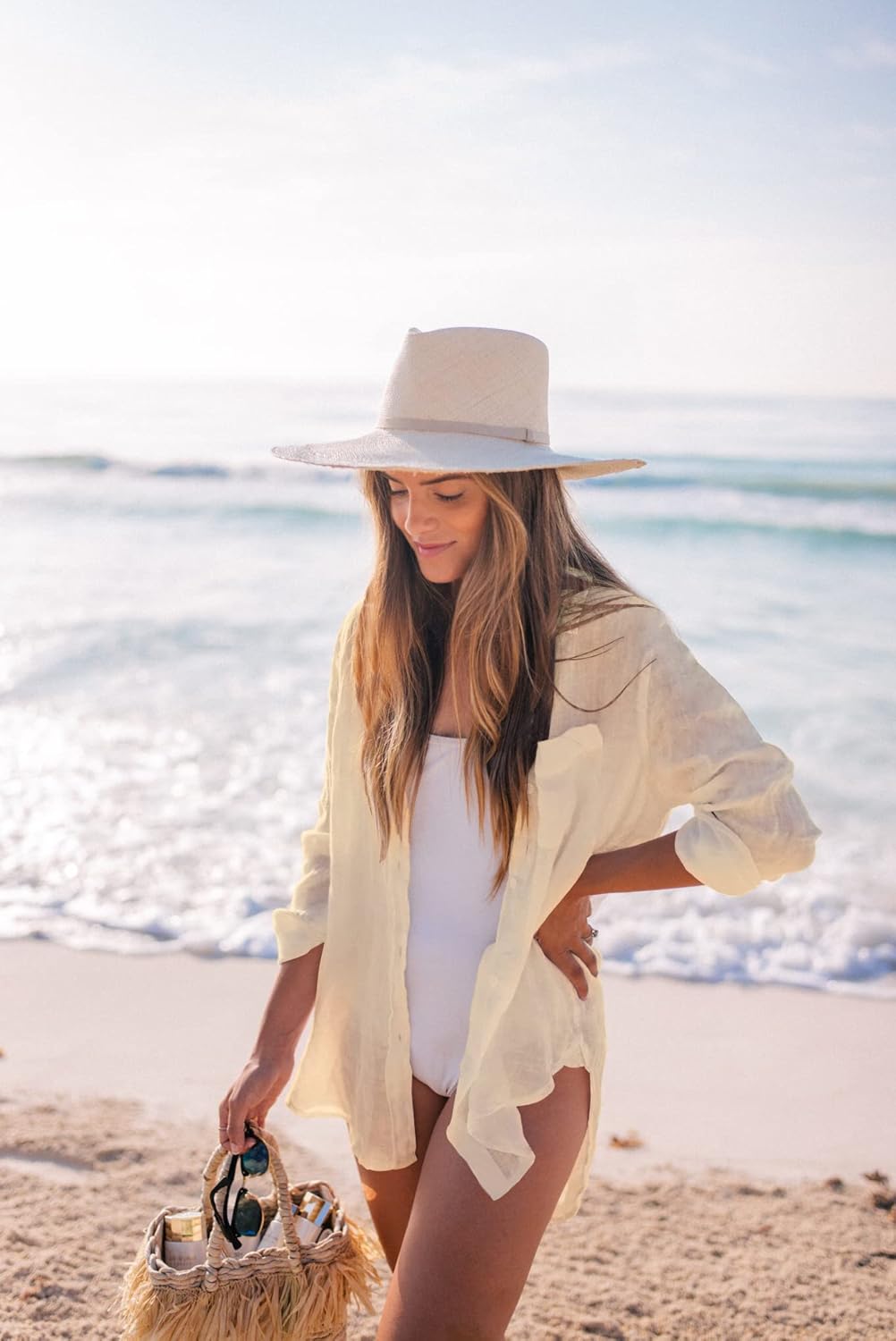 Bsubseach Damen Long Sleeve Beach Shirt Blusen Turn Down Kragen Strandponcho G-Elfenbein, G-Elfenbei